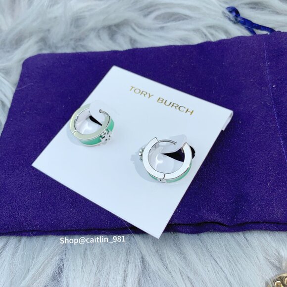 Tory Burch Kira Enamel Huggie Hoop Earring Shiny Hematite/green - Picture 4 of 5